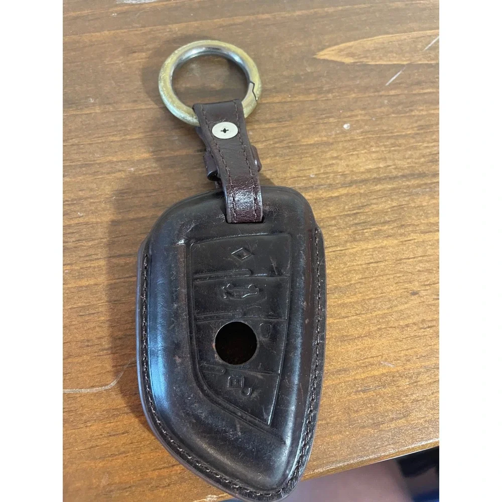 BMW Leather Key Fob Cover Case Dark Brown Protective Sleeve with Brass Ring